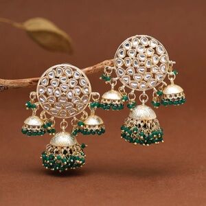 Green Kundan & Beads Jhumka Earrings